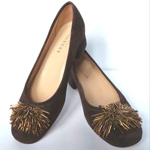 EUC Sesto Meucci Brown Italian Suede Pumps with Bronze Beaded Pom on Toe Sz 7M